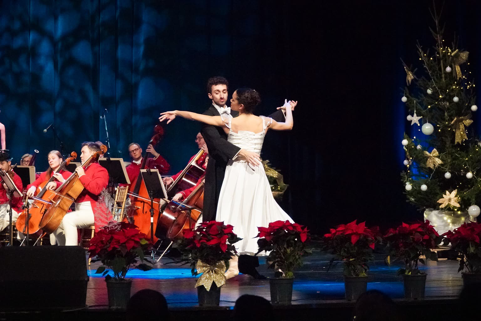 Ballroom dancers performing in front of the orchestra during the Strauss Capelle Vienna concert